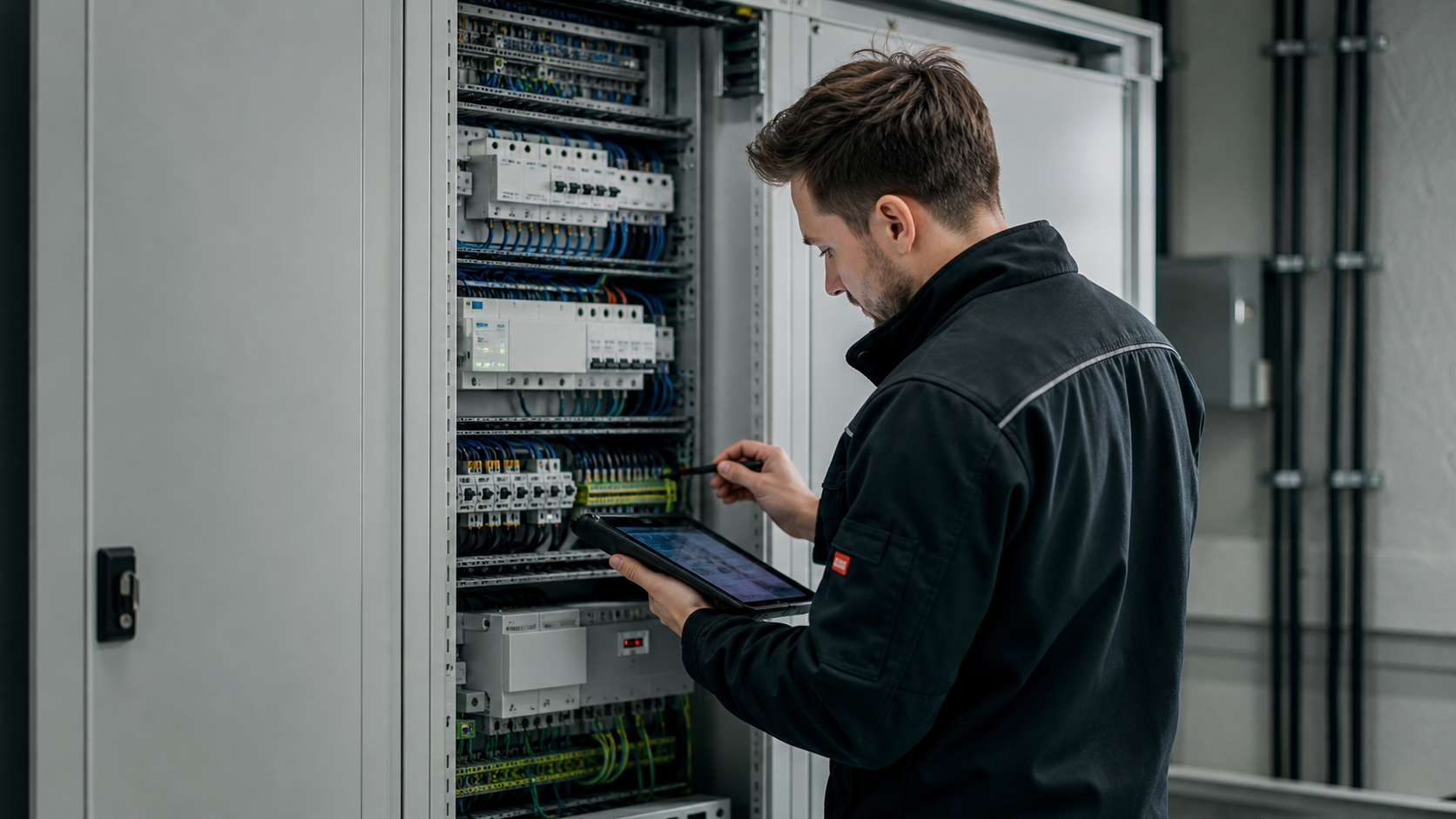 Elektriker arbeitet an einem KNX-Schaltschrank